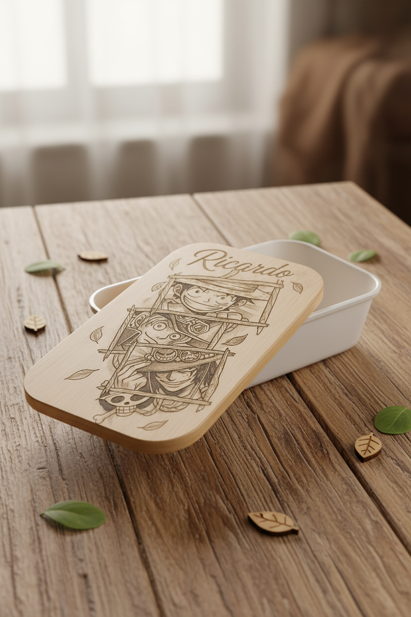 Lunch box personnalisée “One Piece” avec prénom – Couvercle en bambou gravé