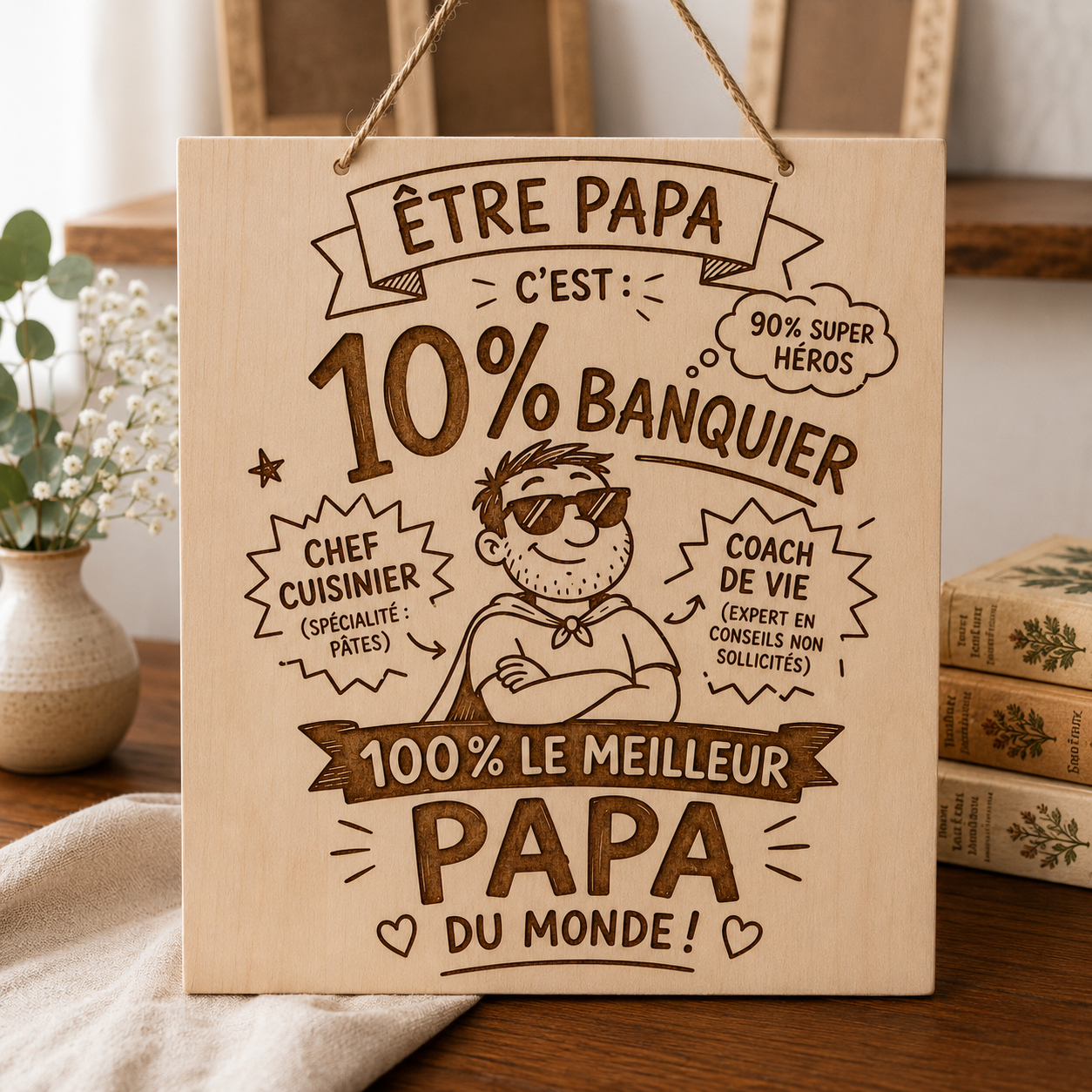 Plaque décorative suspendue en bois gravée – 20 x 20 cm