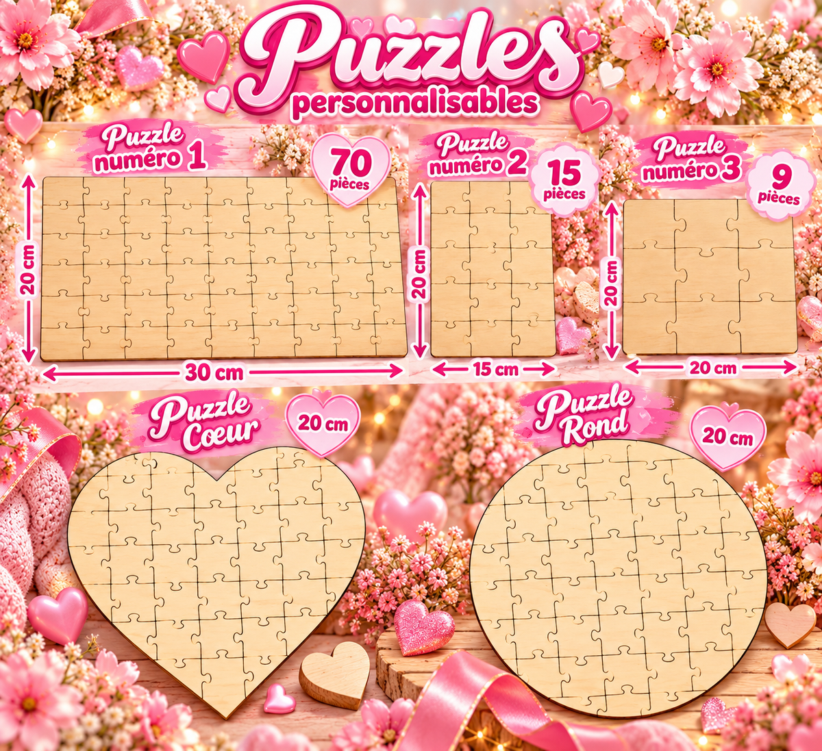 🧩 Puzzle en bois personnalisable – Impression vinyle couleur 💖