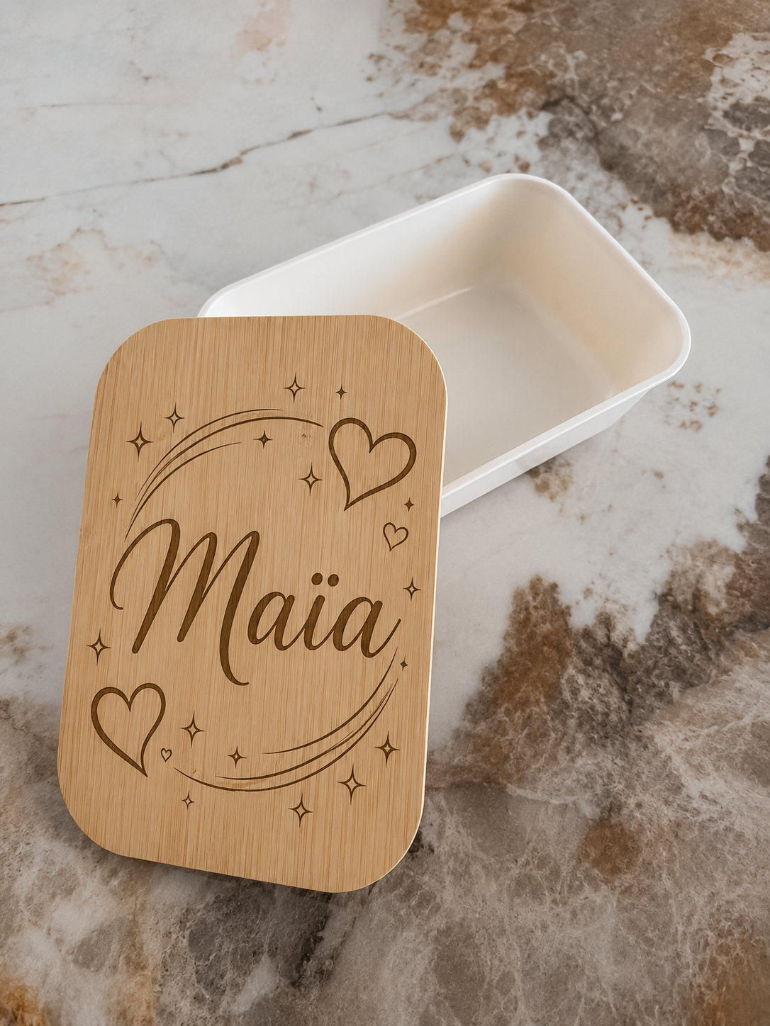 Lunch box personnalisée avec prénom – Couvercle en bambou gravé