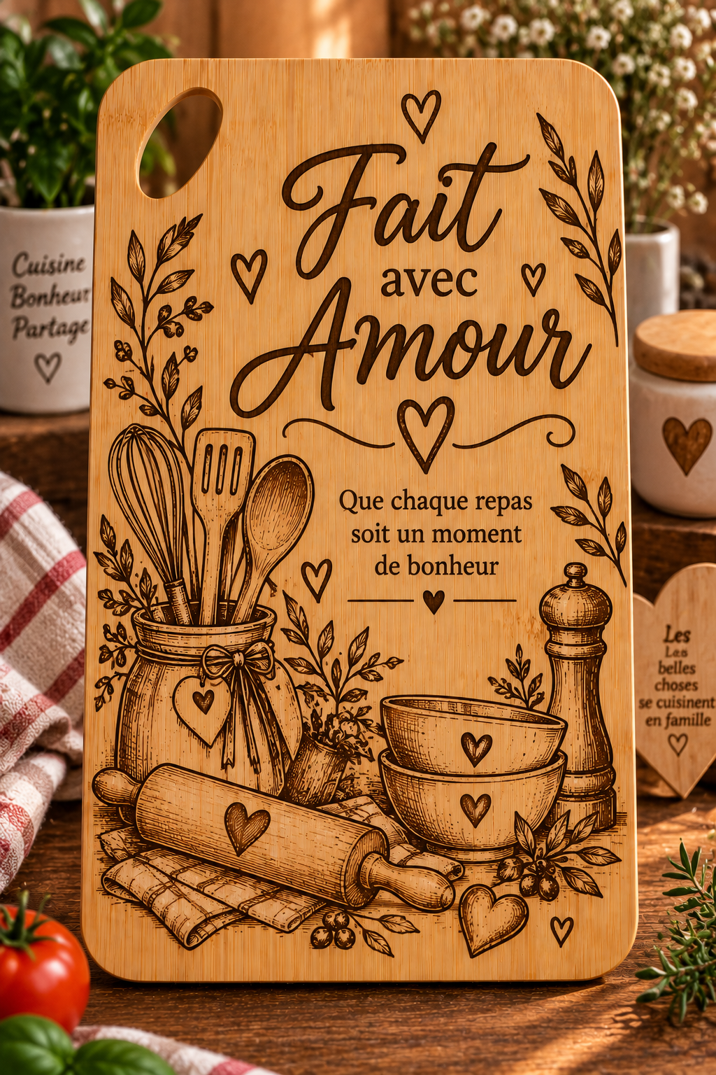 Planche à découper en bambou gravée – “Fait avec Amour” ❤️
