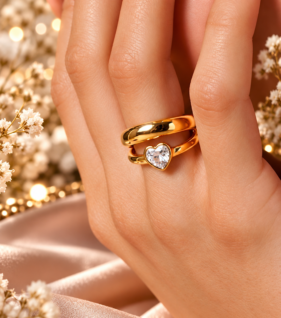 Bague Double Jonc Cœur – Acier Inoxydable