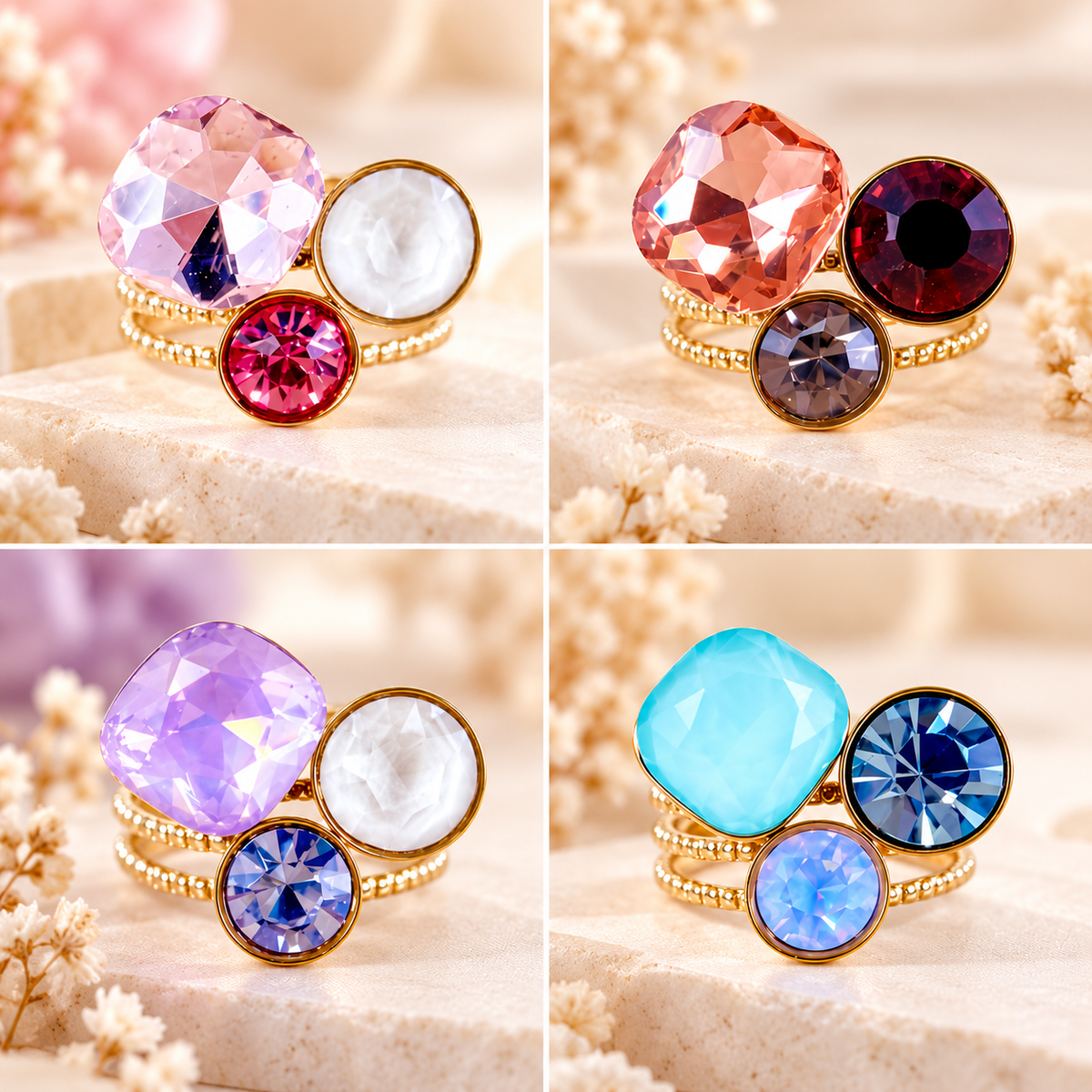 Bague trilogie dorée ornée de 3 cristaux – Acier inoxydable