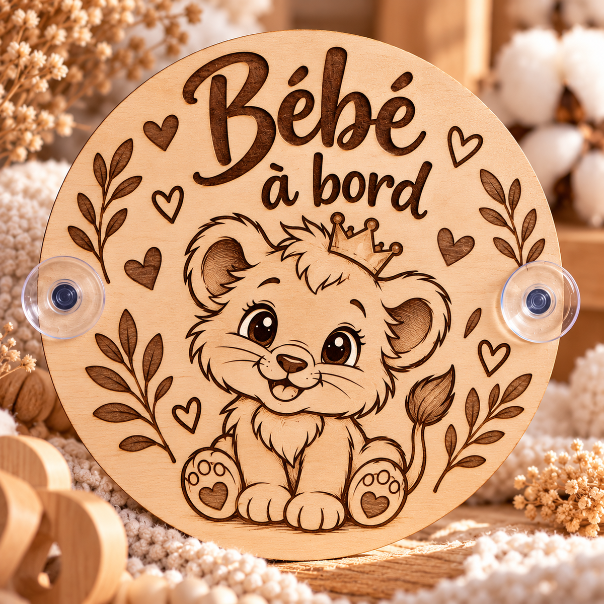 🚗 Plaque “Bébé à bord” en bois gravé – Lionceau 👑