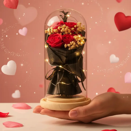 (Précommande) 🌹 Sous Cloche Lumineux BOUQUET ROSES ROUGES