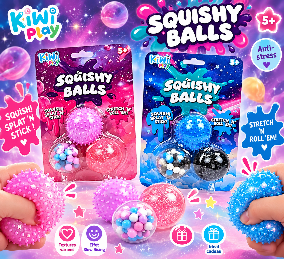 🟣 Balles Squishy Anti-Stress Kiwi Play