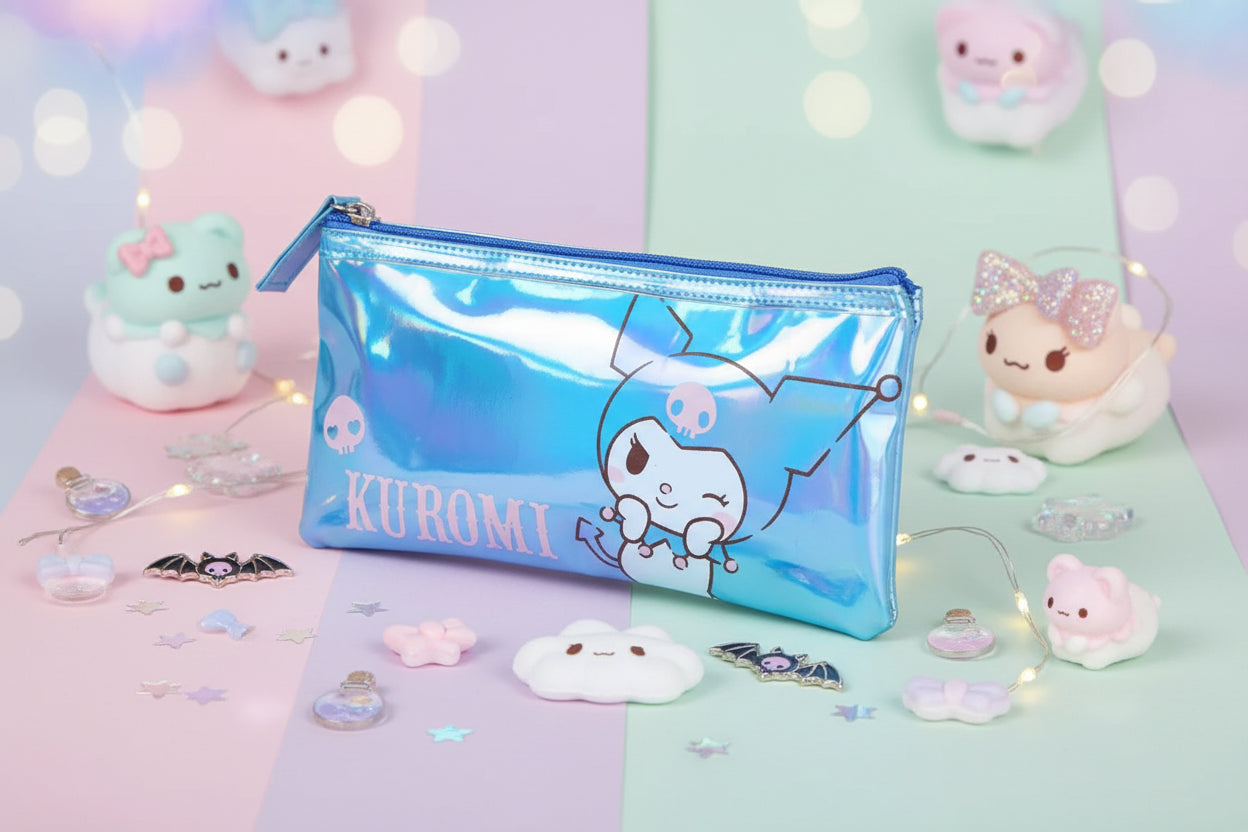 (Précommande) Trousse à maquillage Hello Kitty bleue irisée pour enfants, trousse à crayons