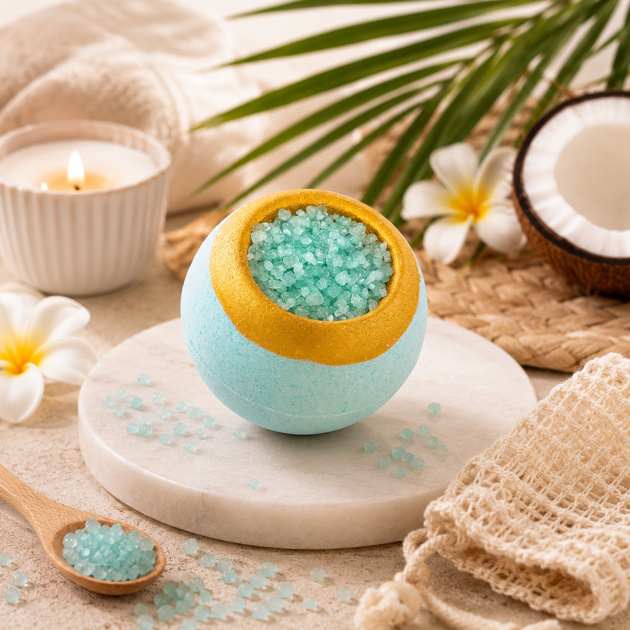 Bombe de bain garnie de sels de bain - Senteur Monoï
- 150gr