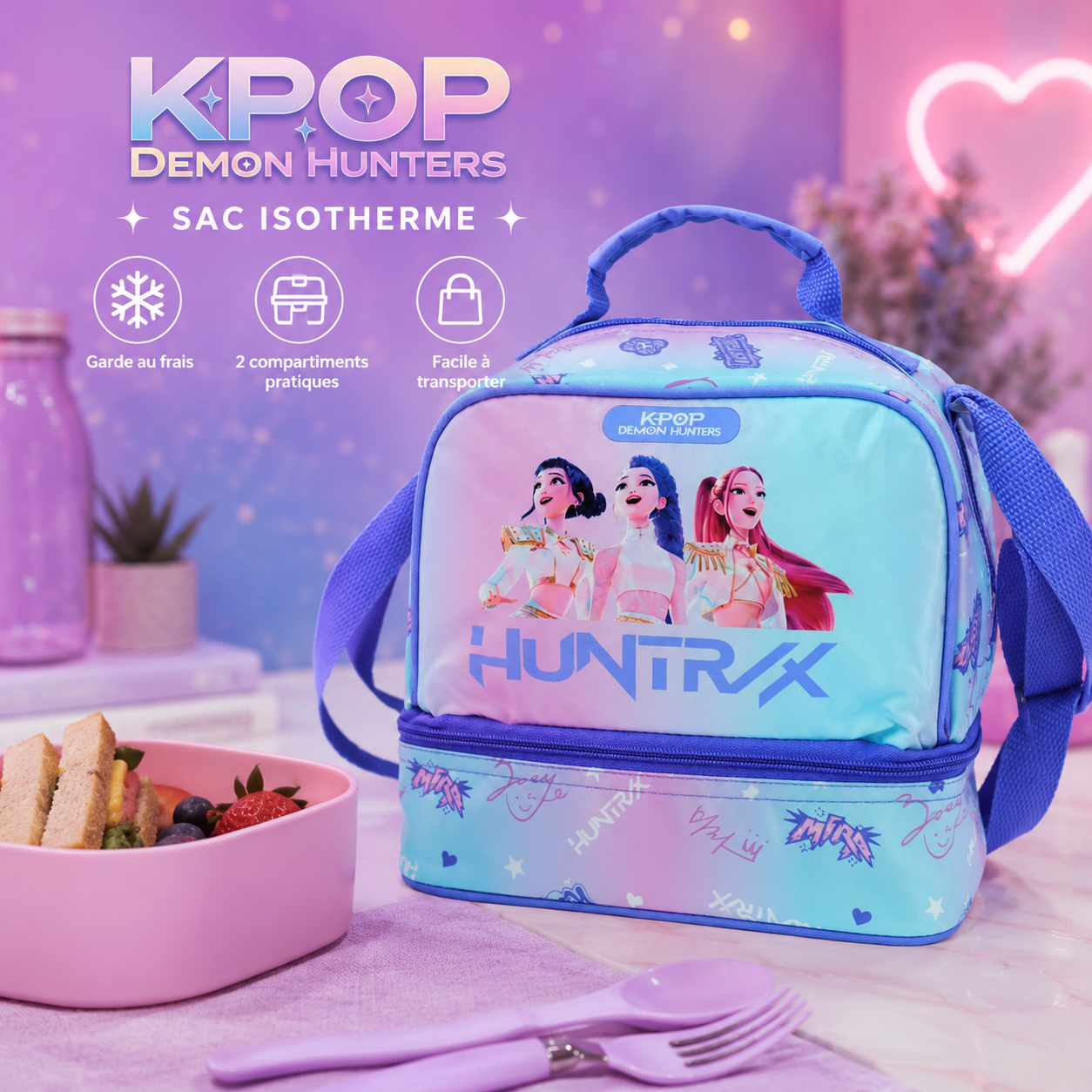 (Précommande) Sac à lunch isotherme violet K-pop Demon Hunters 21 cm