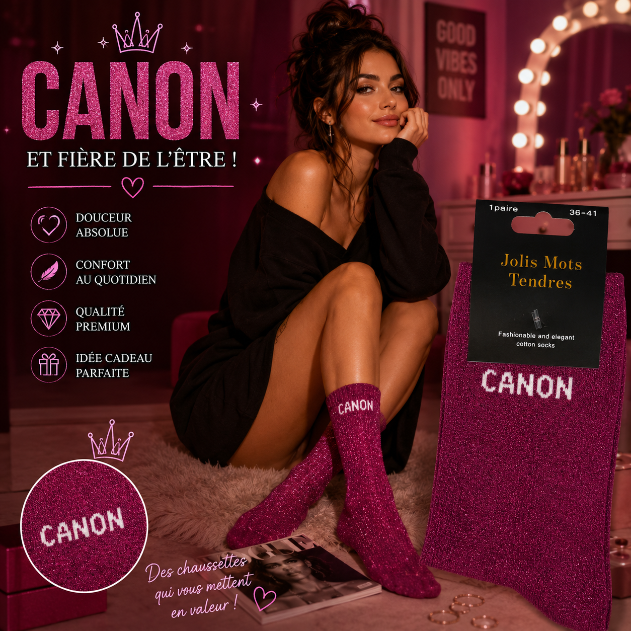 Chaussettes “Canon” Roses – Jolis Mots Tendres