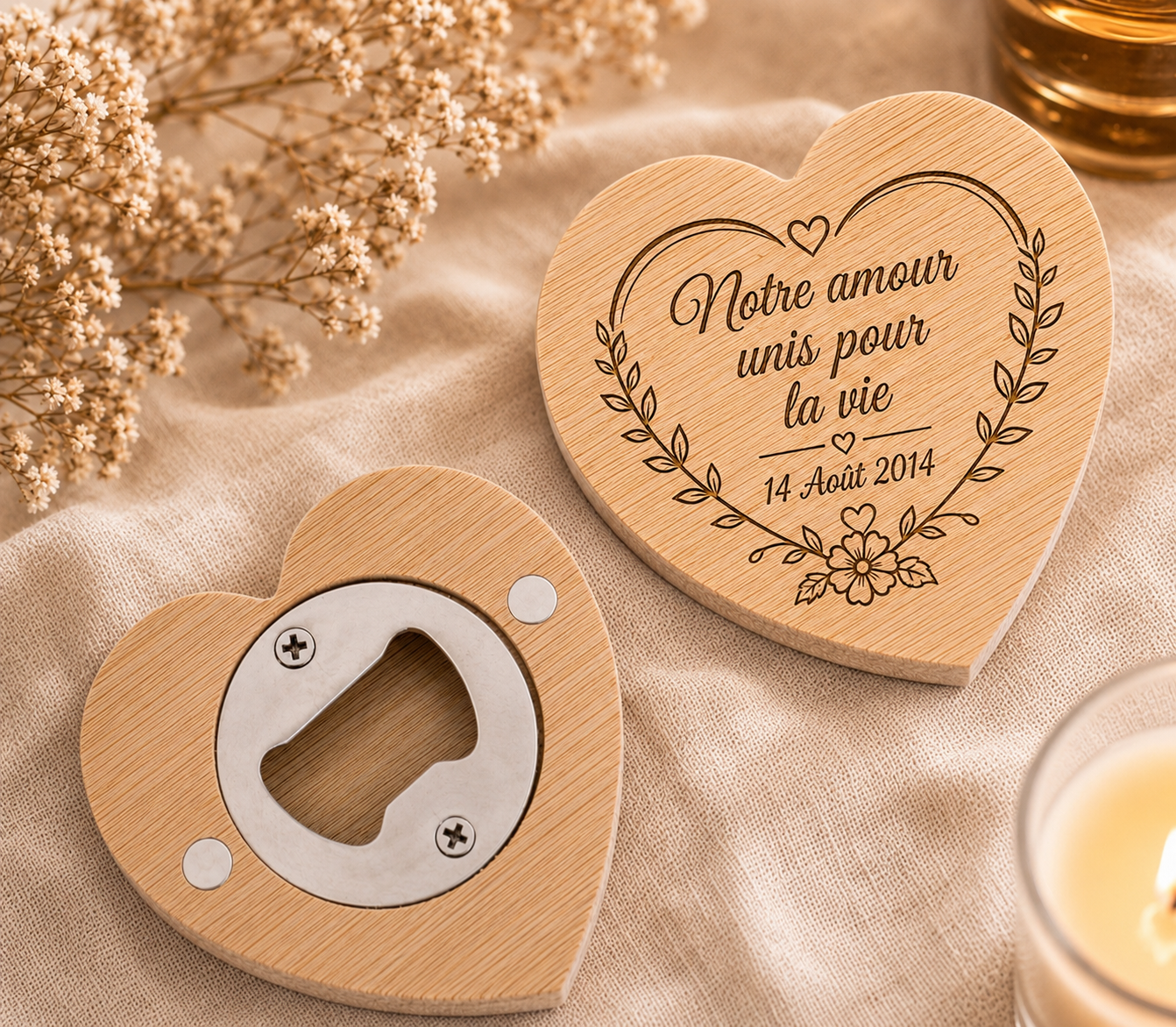 Décapsuleur Magnétique en Bambou Gravé – Cœur 6 cm ❤️