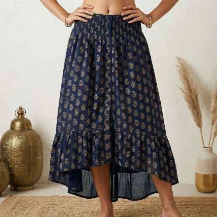 Jupe Longue Asymétrique “Boho-Indigo” – 100% Rayonne Fabriquée en Inde