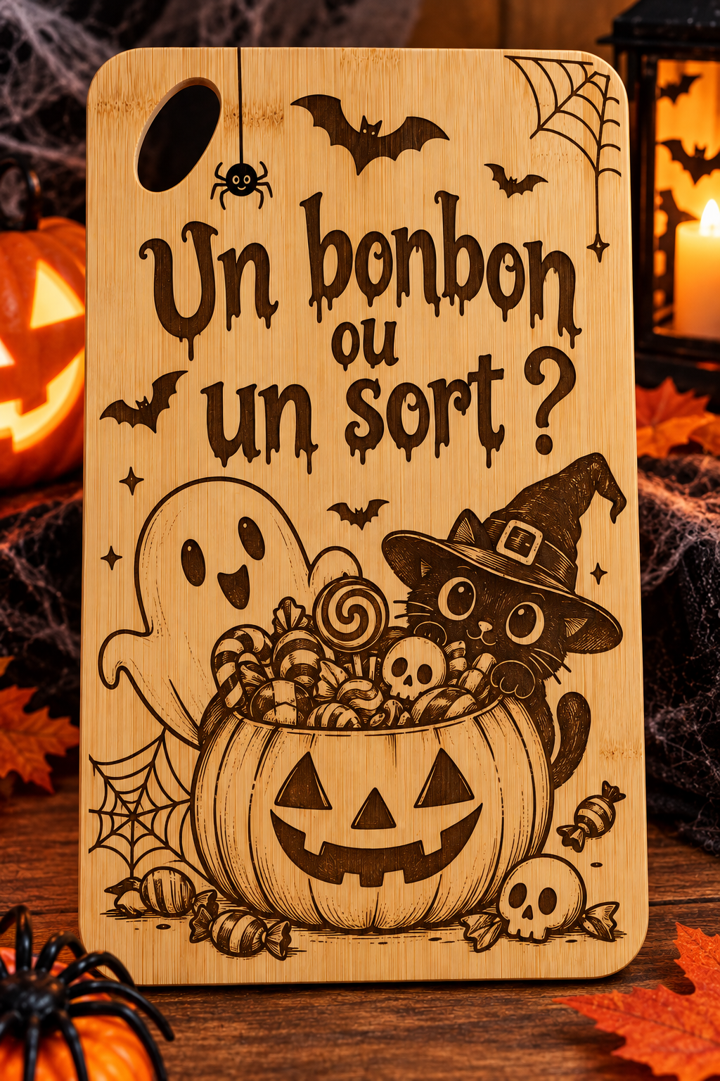 Planche à découper en bambou gravée – “Un bonbon ou un sort ?” 🎃👻