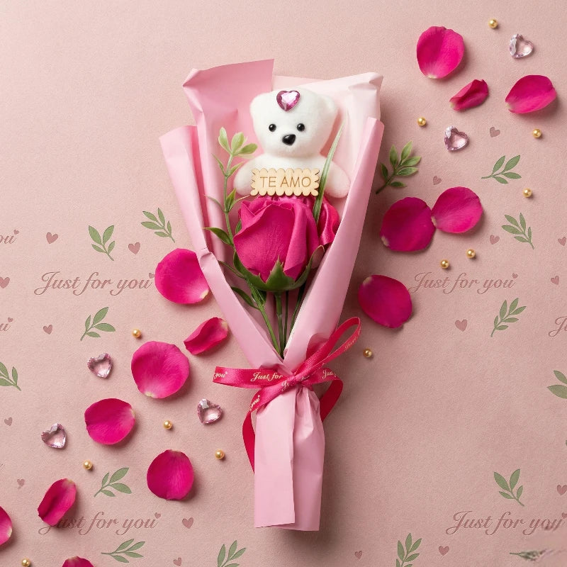 Bouquet "Duo de Tendresse" 30cm – Rose Éternelle & Ourson - Fête des Mères (couleur au choix)