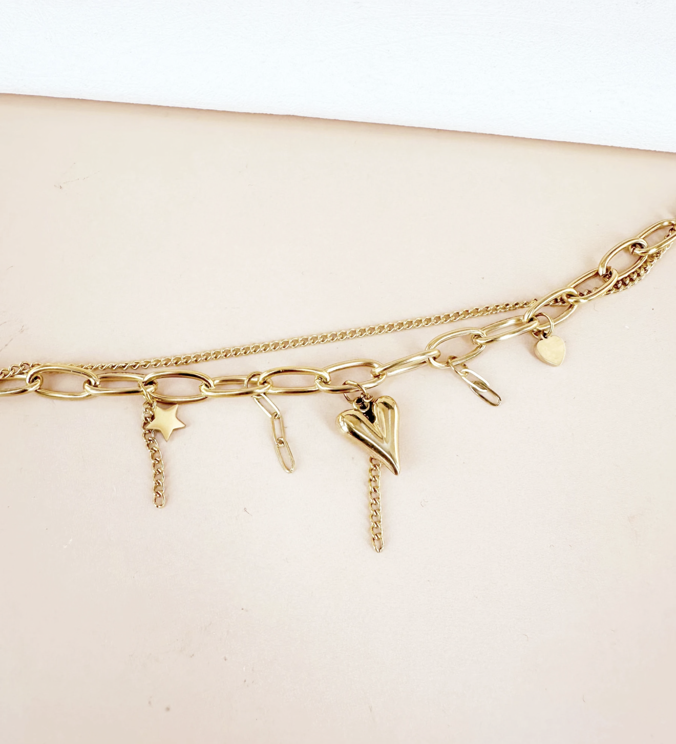 Bracelet multiple chaîne avec breloques cœur étoile en acier inoxydable