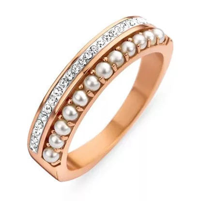 Bague couleur or rose avec pierres blanches et perles