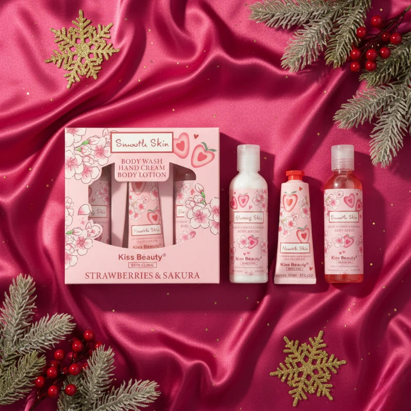 🌸 Coffret 3 pièces – Gel de bain, Lait pour le corps & Crème pour les mains – Fraise & Sakura – Kiss Beauty