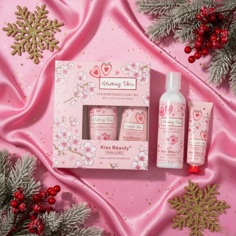 🌸 Lotion pour le corps & Crème pour les mains – Fraise & Sakura – Kiss Beauty