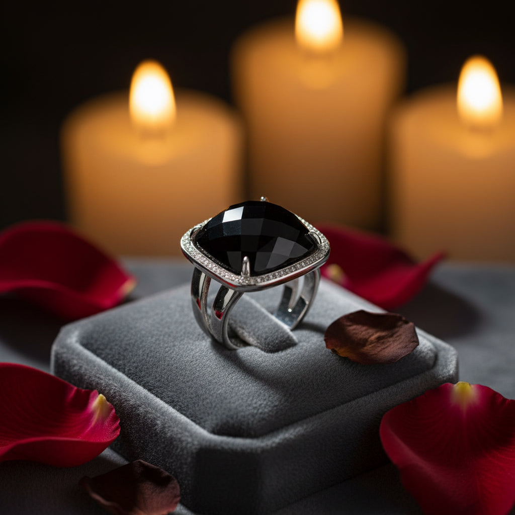 Bague en pierre noire couleur argent (bijoux Victoria)