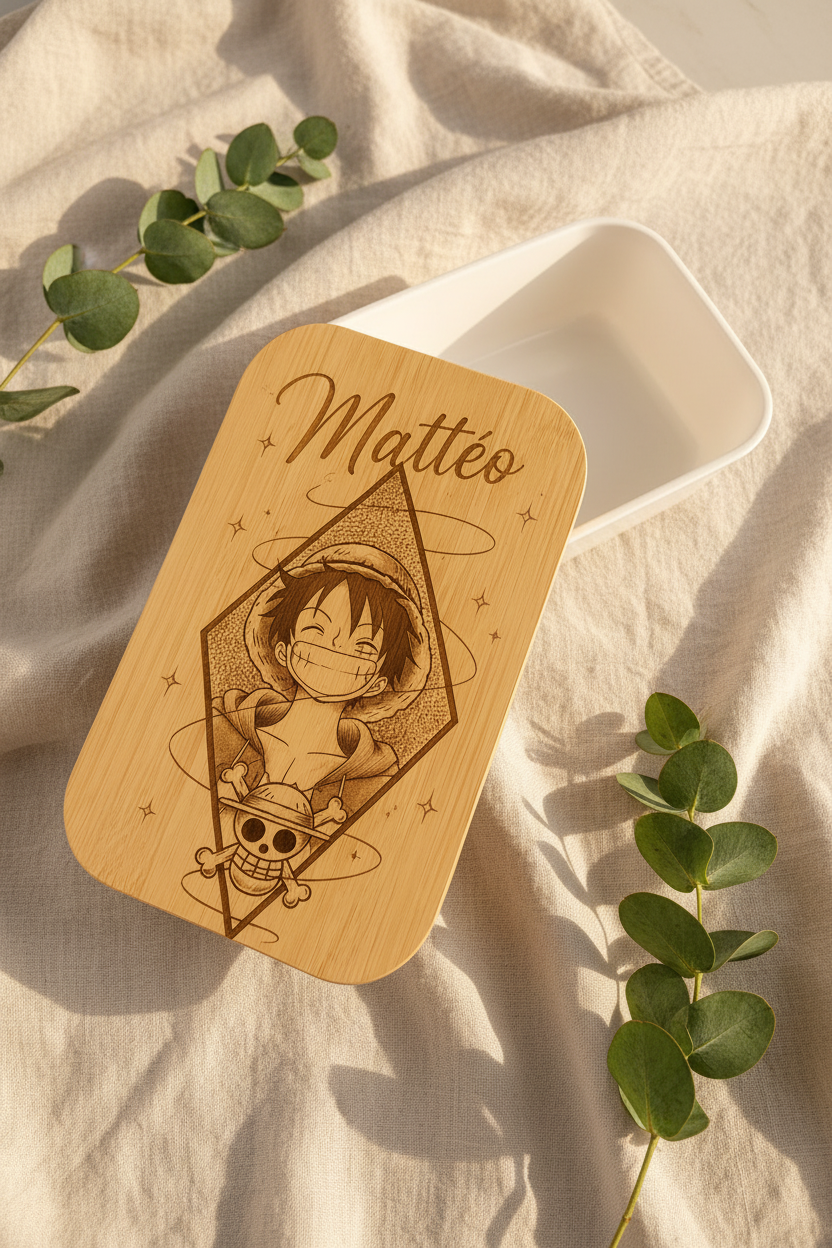 Lunch box personnalisée “One Piece” avec prénom – Couvercle en bambou gravé