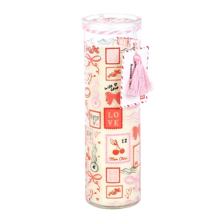 Bougie tube imprimée motif timbre de Saint‑Valentin, rose scintillante