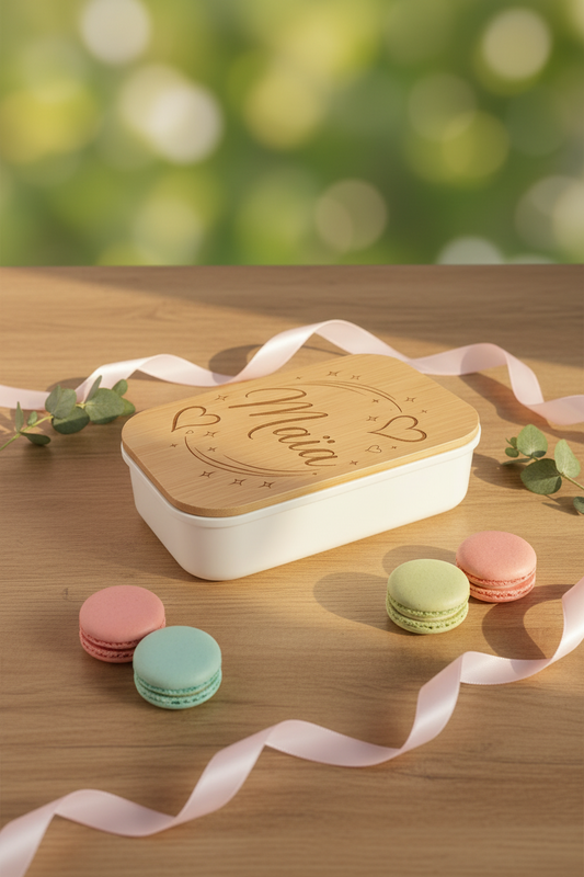 Lunch box personnalisée avec prénom – Couvercle en bambou gravé