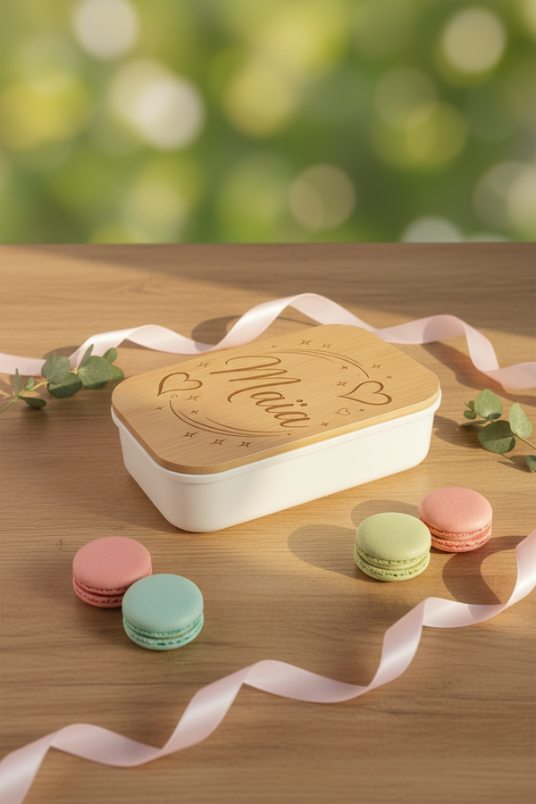 Lunch box personnalisée avec prénom – Couvercle en bambou gravé