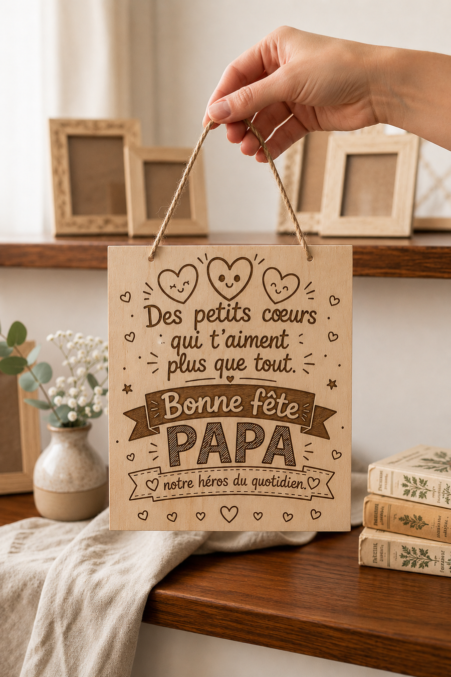 Plaque décorative suspendue en bois gravée - 20x20cm