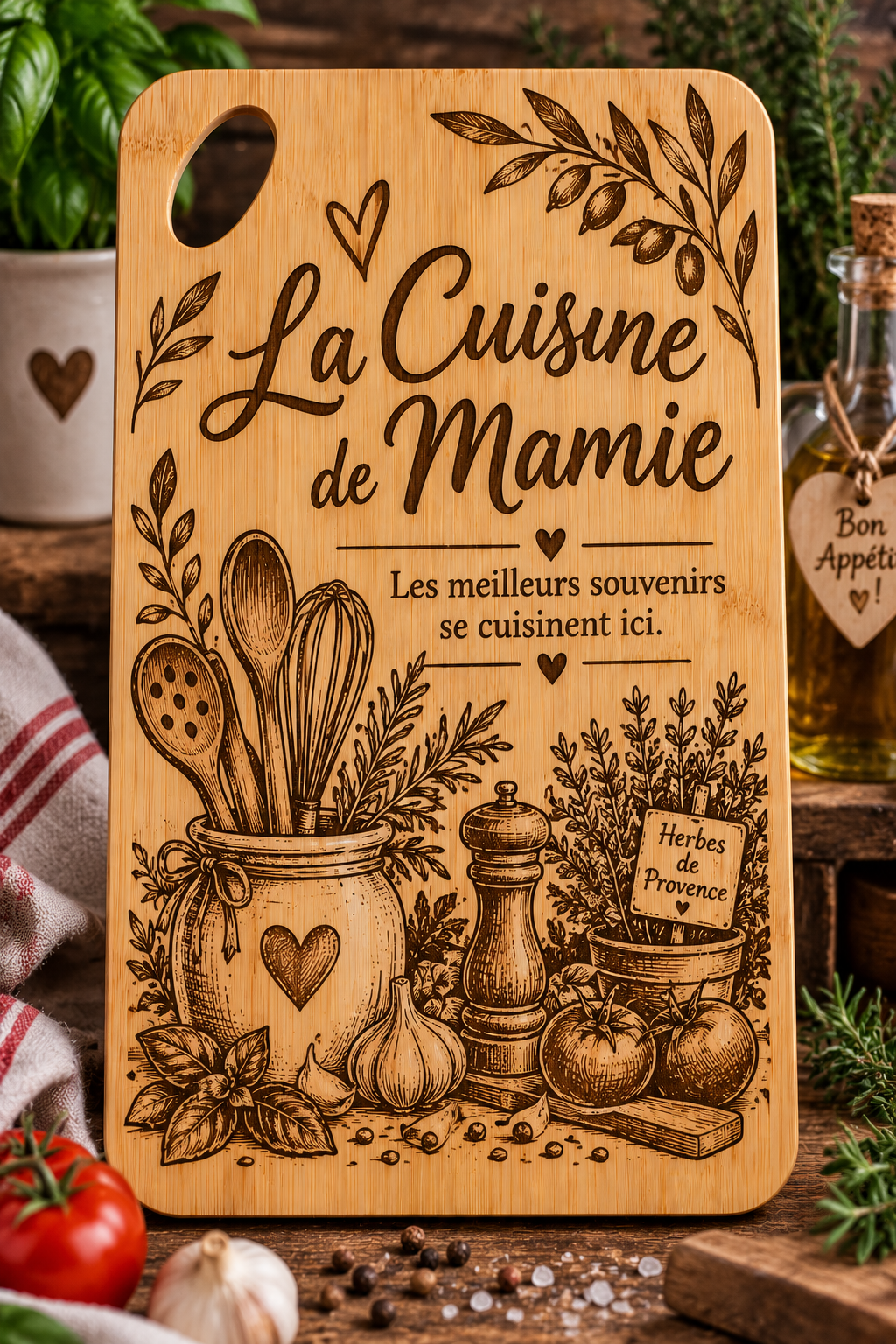 Planche à découper en bambou gravée – “La Cuisine de Mamie” ❤️