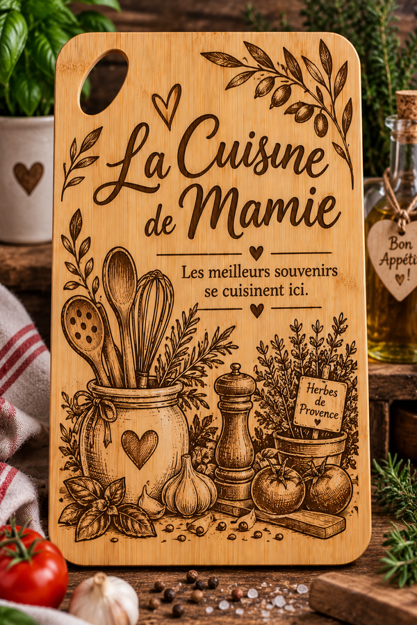 Planche à découper en bambou gravée – “La Cuisine de Mamie” ❤️