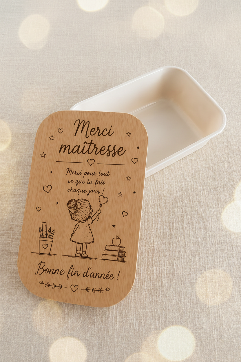 Lunch box “Merci Maîtresse” avec couvercle en bambou gravé