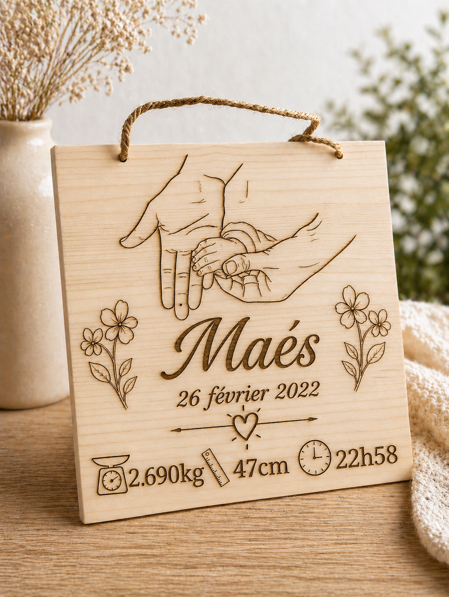 Plaque de naissance personnalisée en bois