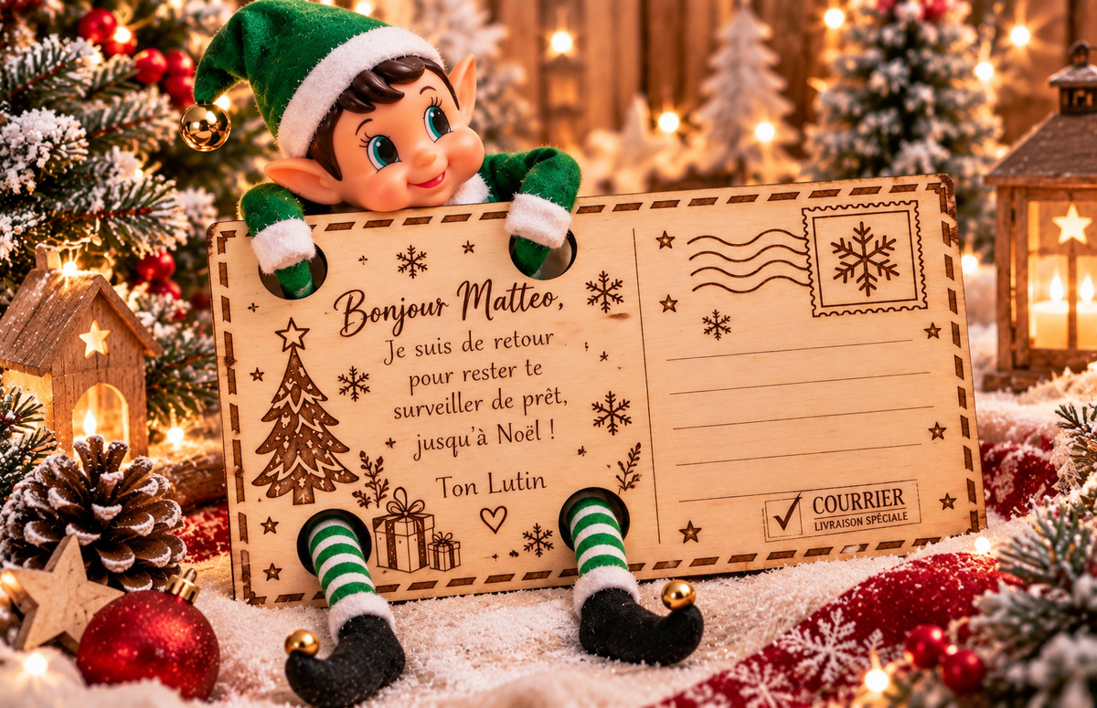 📮 Carte postale en bois personnalisée avec lutin – 11 x 17 cm