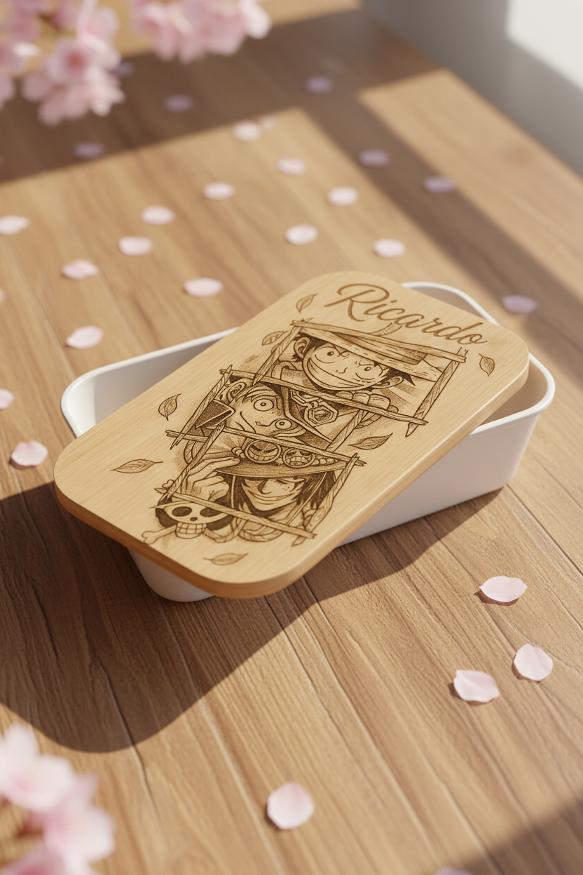 Lunch box personnalisée “One Piece” avec prénom – Couvercle en bambou gravé
