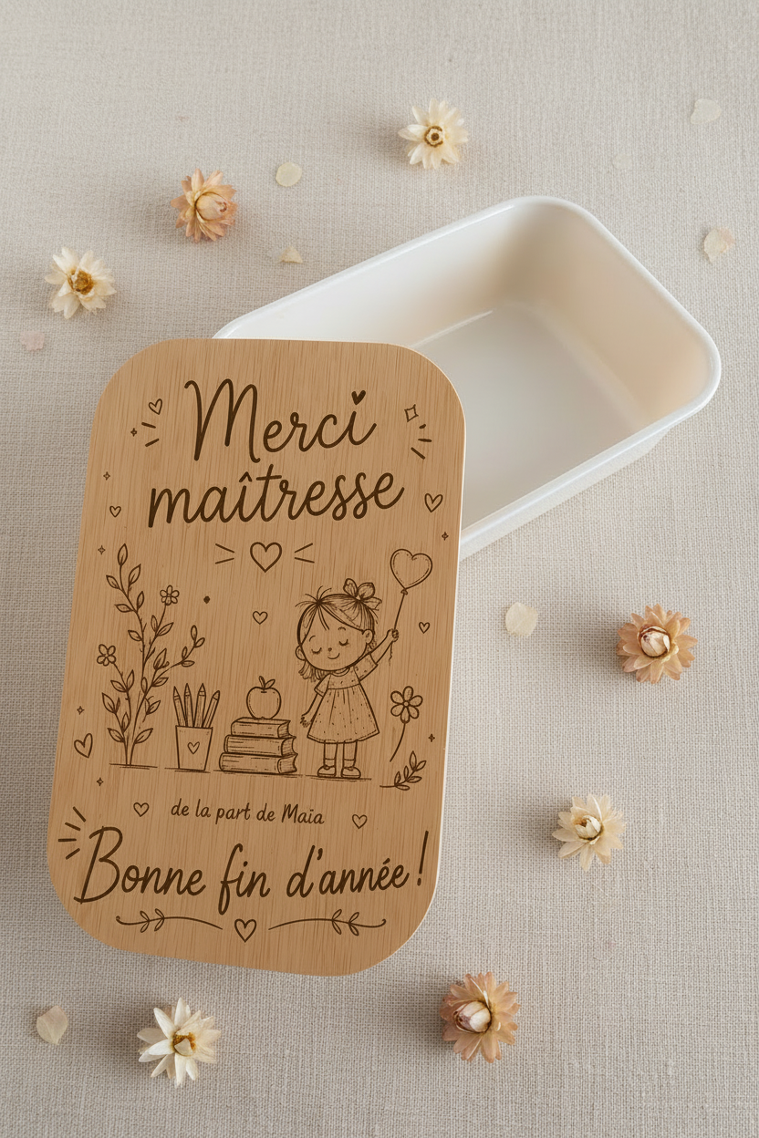 Lunch box personnalisée “Merci Maîtresse” avec couvercle en bambou gravé