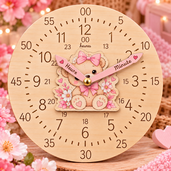 🧸 Horloge d’apprentissage en bois – Petit ours personnalisé ⏰