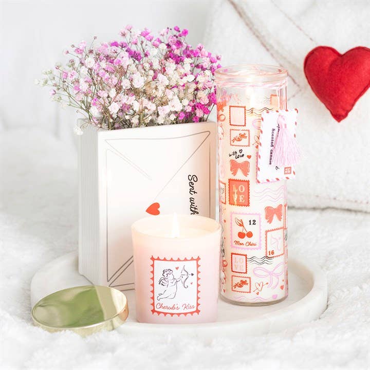 Bougie tube imprimée motif timbre de Saint‑Valentin, rose scintillante