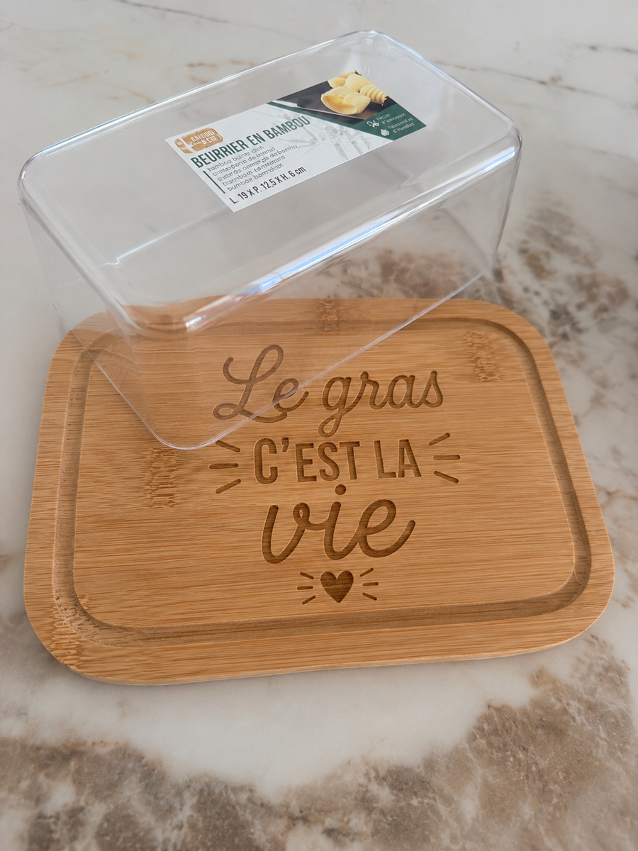🧈💛 Boîte à beurre en bambou gravée – “Le gras c’est la vie” 💛🧈