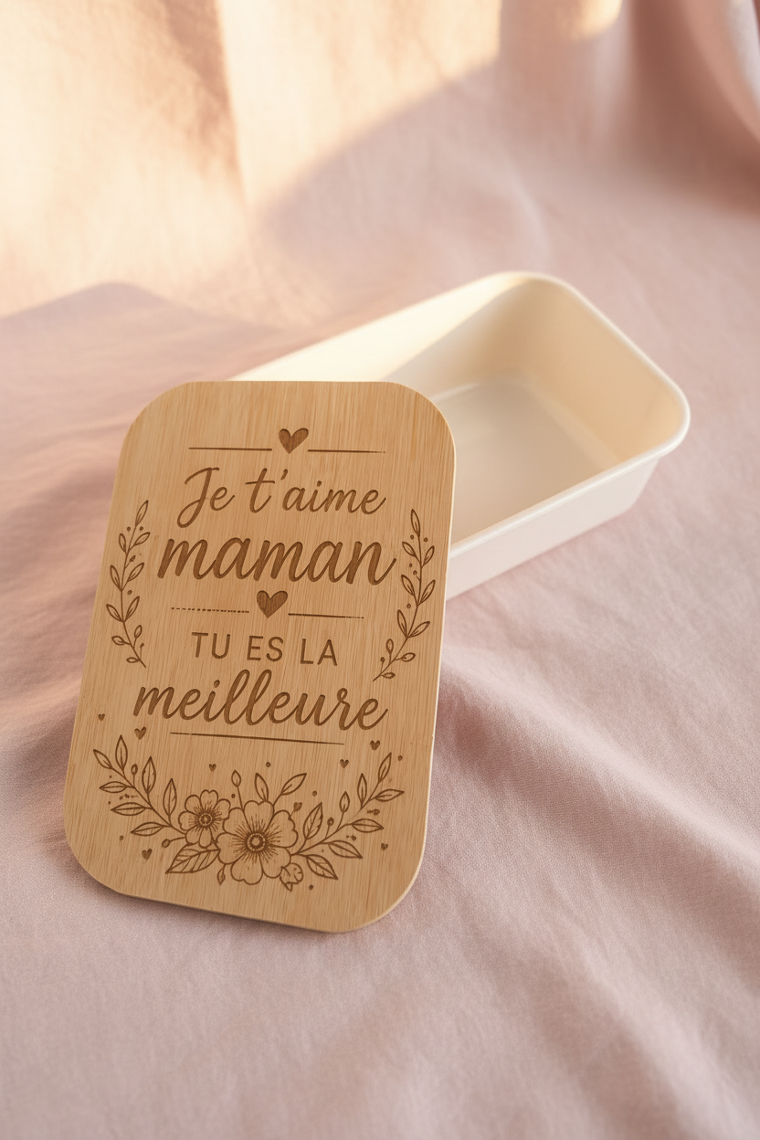 Lunch box “Je t’aime Maman” avec couvercle en bambou gravé