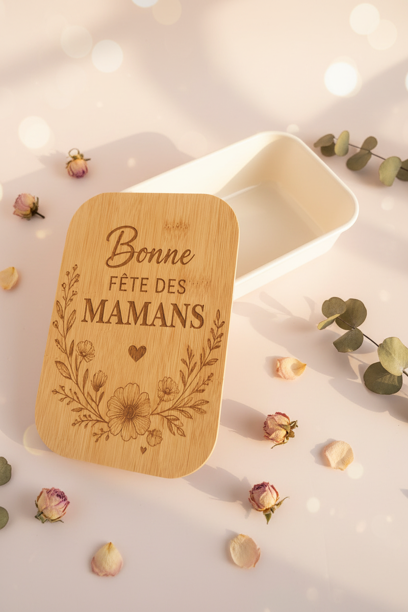 Lunch box “Bonne Fête des Mamans” avec couvercle en bambou gravé