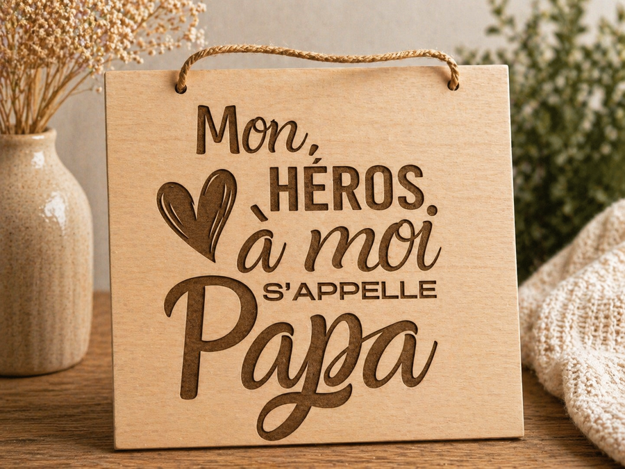 Plaque décorative en bois gravée “Mon héros à moi s’appelle Papa” – 20 x 20 cm 💙