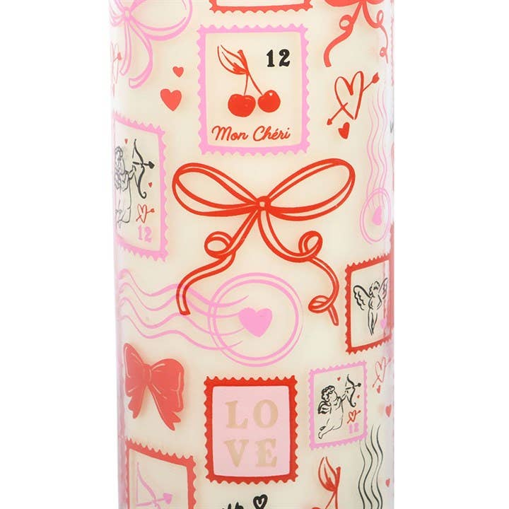 Bougie tube imprimée motif timbre de Saint‑Valentin, rose scintillante