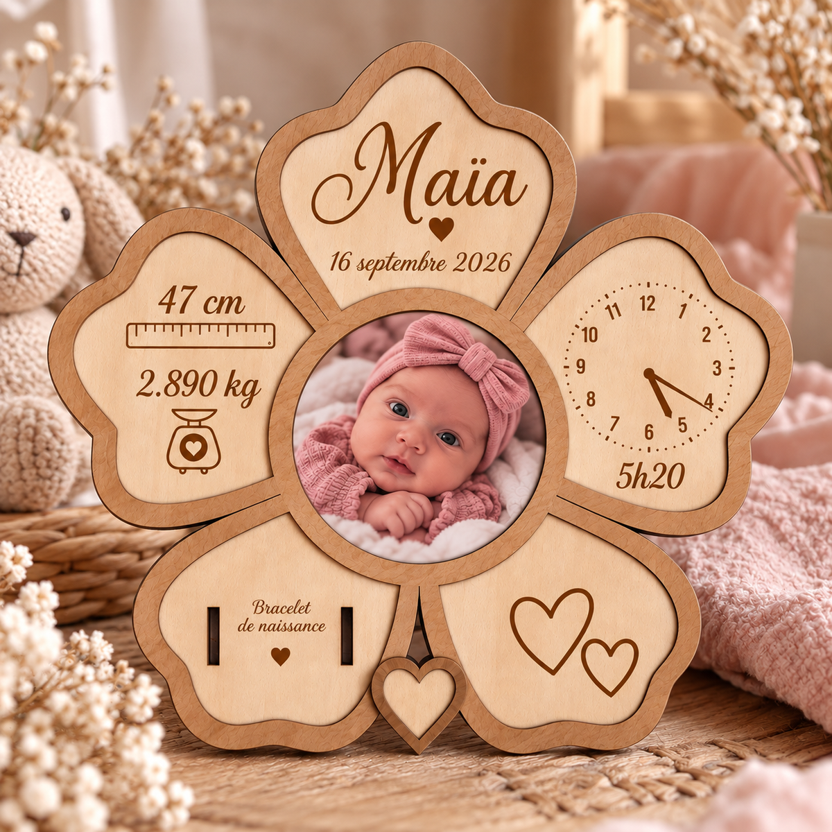 🌸 Cadre Fleur de Naissance Personnalisé en Bois – Un souvenir unique pour toute une vie 🌸