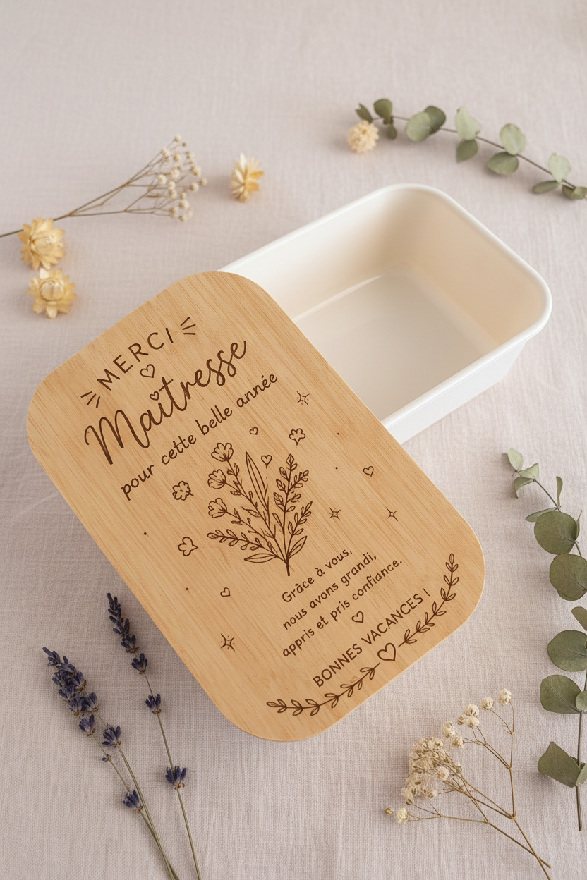 Lunch box personnalisée avec couvercle en bambou gravé – Merci Maîtresse