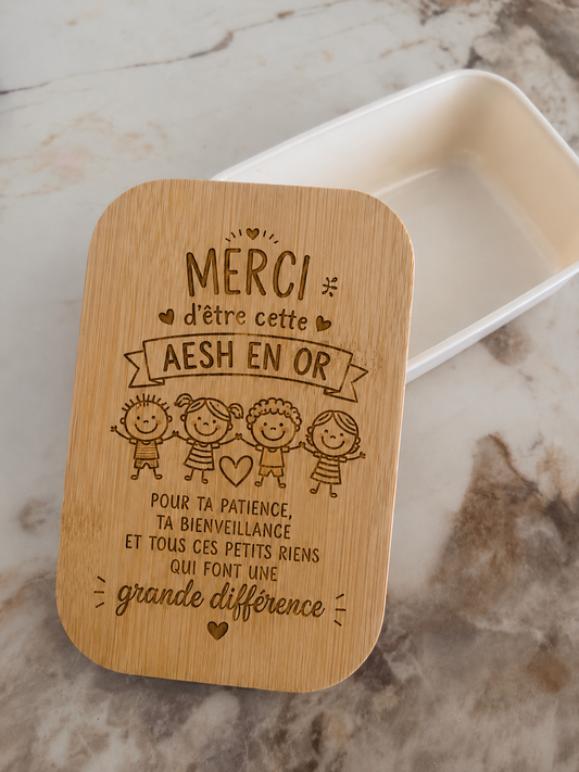 🥪✨ Lunch box personnalisée en bambou – “Merci d’être cette AESH en or” ✨🥪