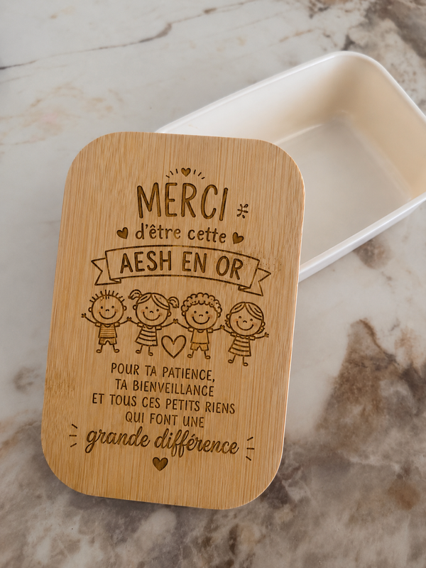 🥪✨ Lunch box personnalisée en bambou – “Merci d’être cette AESH en or” ✨🥪