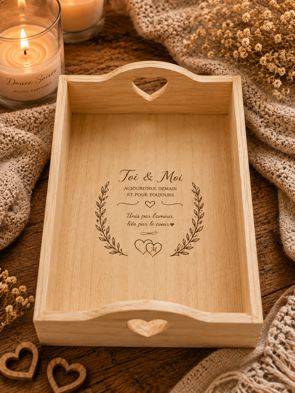 Plateau en bois avec coeur 22 x 13 x 3 cm (personnalisation au choix 10x6cm)