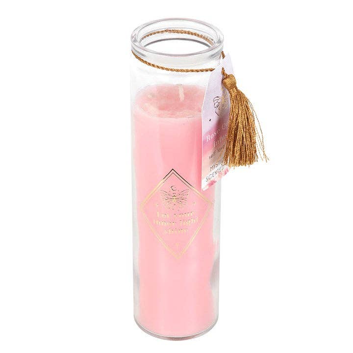 Bougie tubulaire Rose mystique avec cristaux de quartz rose