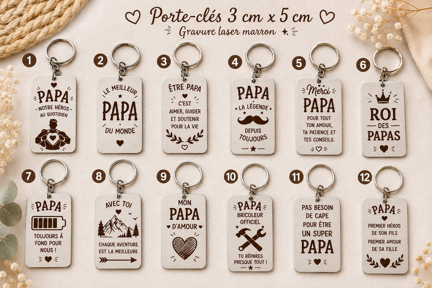 Porte-clés gravé papa 3x5 cm