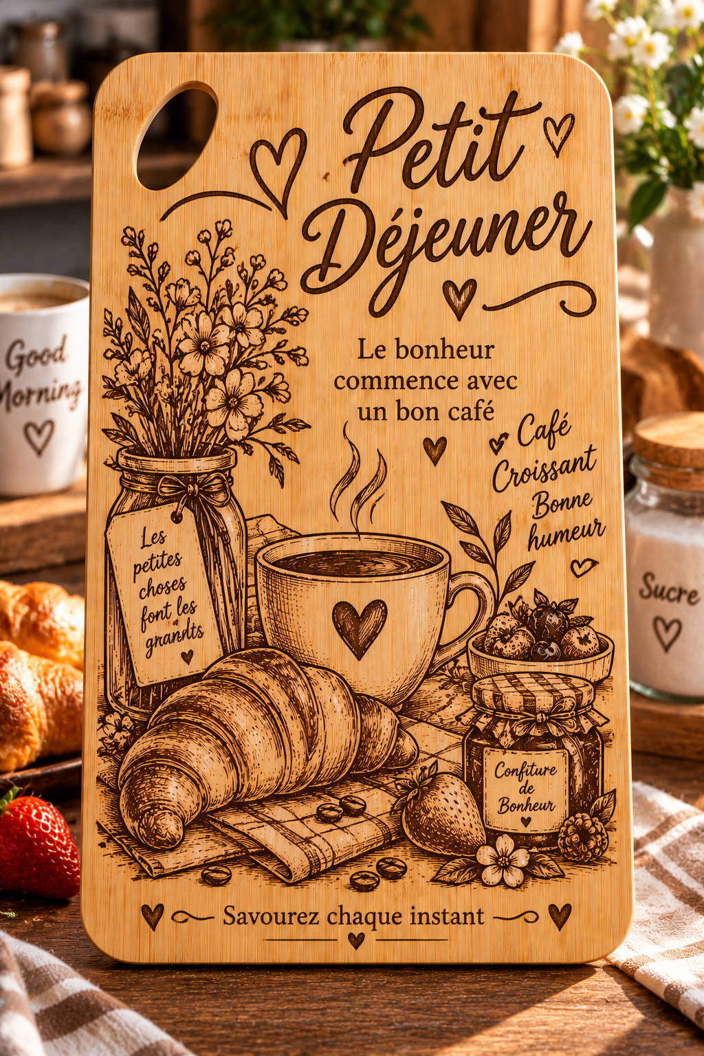Planche à découper en bambou gravée – “Petit Déjeuner” ☕🥐